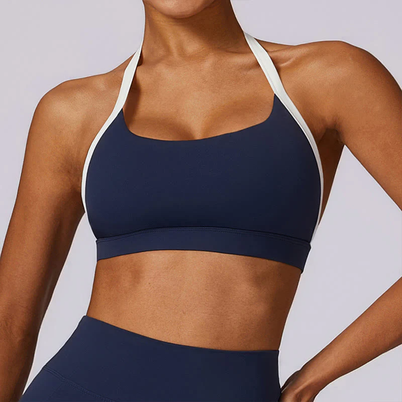 Mocoer Solid Color Halter Neck Bra Long Sleeve Crop Tank Top Pants Sports Fitness Gym Yoga Outfits - Mocoer