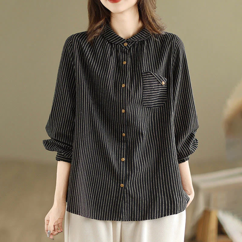 Mocoer Spring Causal Splice Design Striped Long Sleeve Button Lapel Cotton Linen Women's Shirt With Pocket - Mocoer