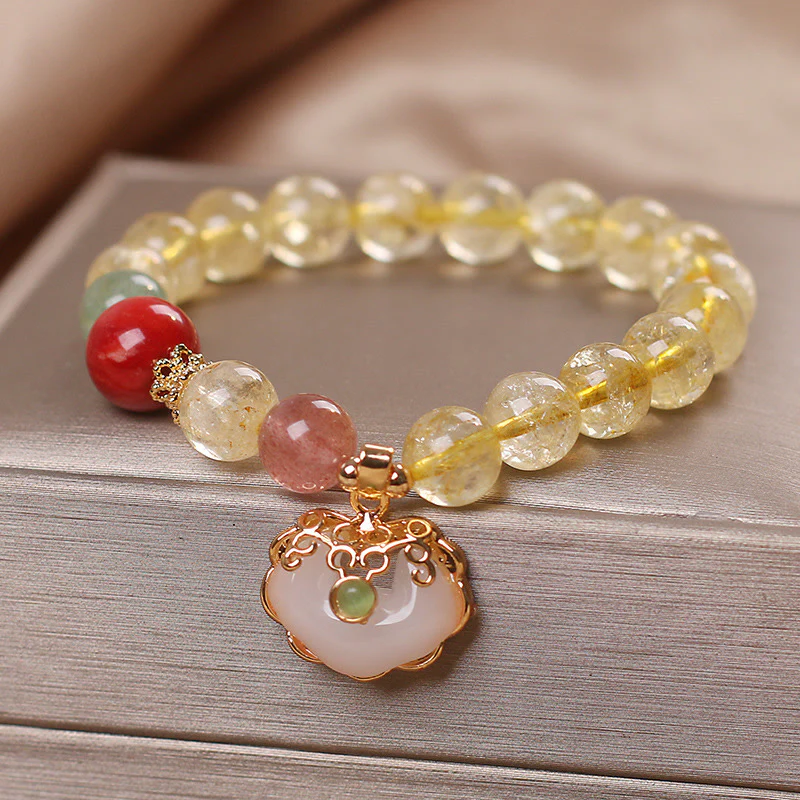 Mocoer Natural Citrine White Jade Strawberry Quartz Protection Charm Bracelet - Mocoer