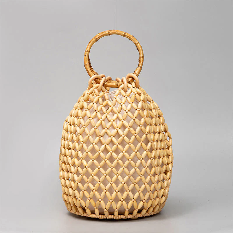 Mocoer Hand-woven Wooden Beads Bamboo Handle Shoulder Bag Handbag - Mocoer