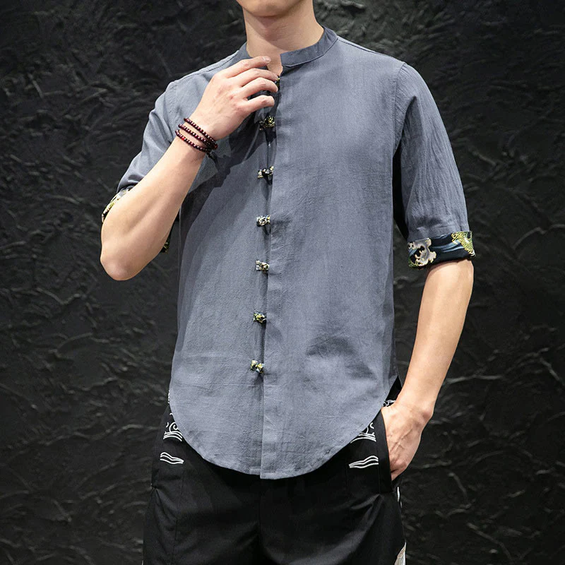 Mocoer Men's Frog-Button Colorblock Dragon Waves Half Sleeve Shirt - Mocoer