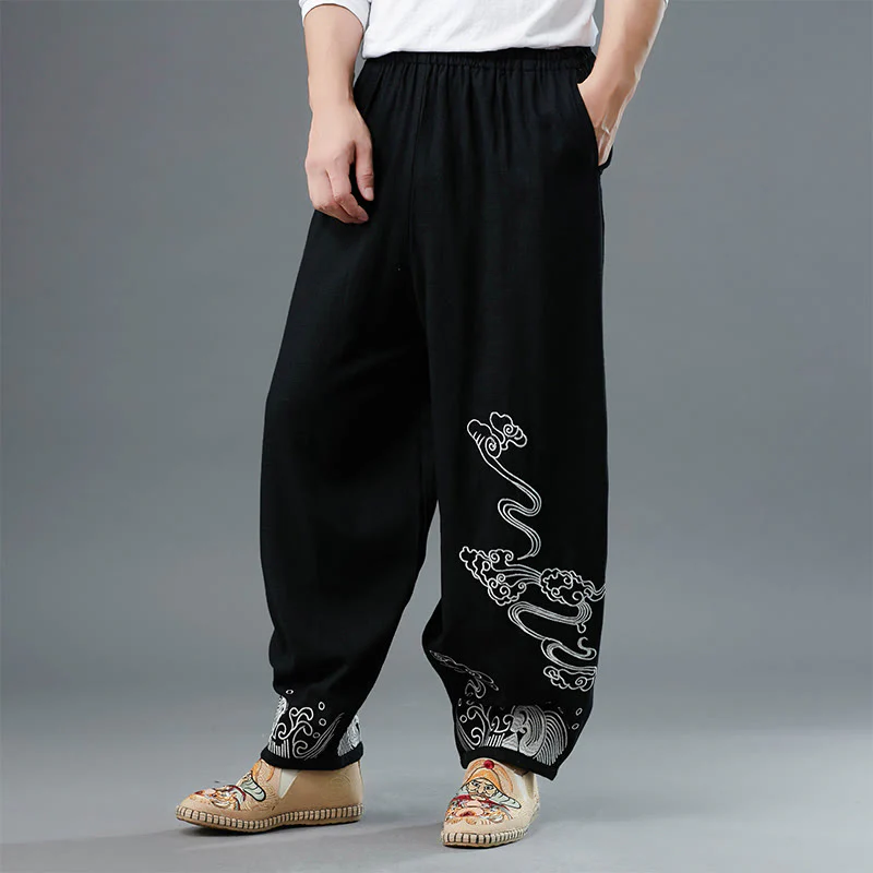 Mocoer Clouds Elastic Waist Ethnic Cotton Men's Pants With Pockets - Mocoer