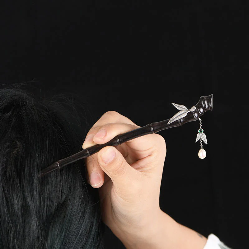 Mocoer 925 Sterling Silver Red Sandalwood Ebony Bamboo Power Hairpin - Mocoer