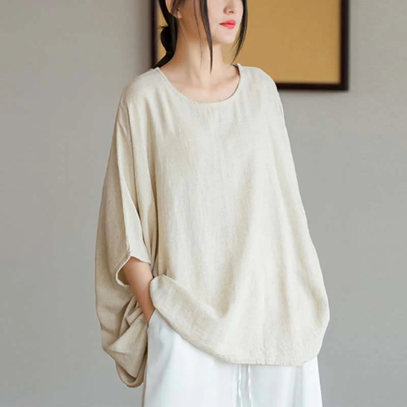 Mocoer Solid Color Three Quarter Sleeve Top Loose Tee T-Shirt - Mocoer