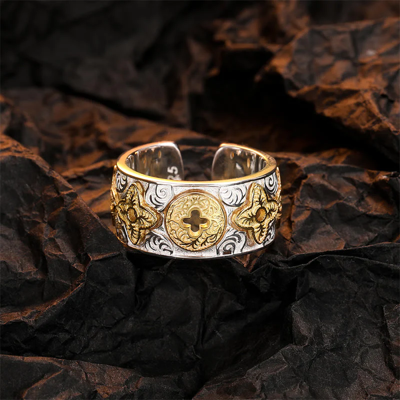 Mocoer 925 Sterling Silver Vintage Tang Dynasty Flower Design Luck Ring - Mocoer
