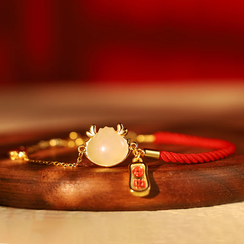 Mocoer 925 Sterling Silver Year Of The Dragon Hetian White Jade Chinese Steamed Bun Dragon Design Fortune Blessing Bracelet - Mocoer