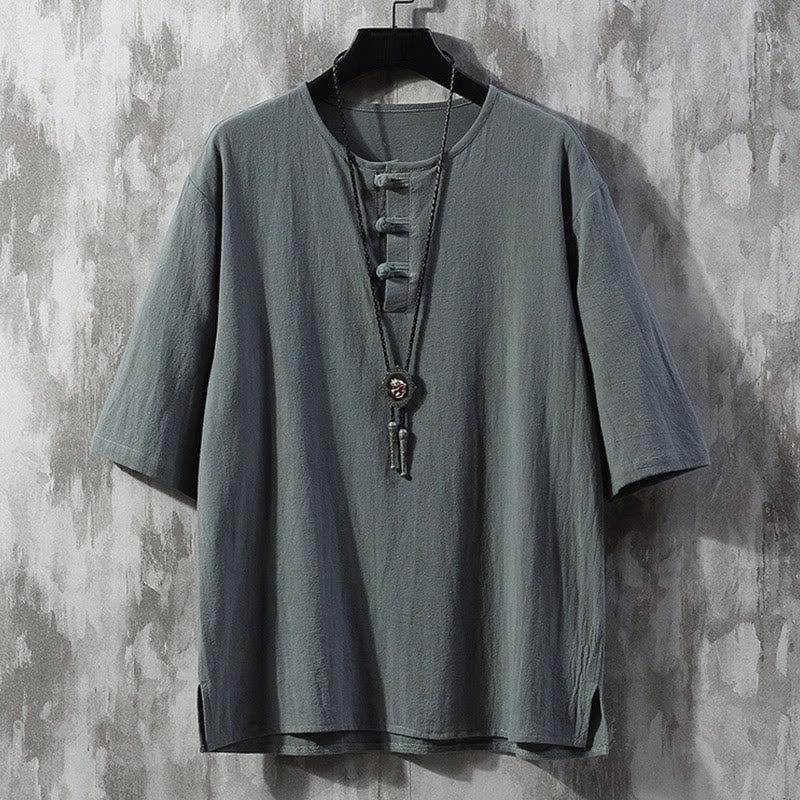 Mocoer Frog-Button Plain Color Chinese Tang Suit Half Sleeve Shirt Linen Men Clothing - Mocoer