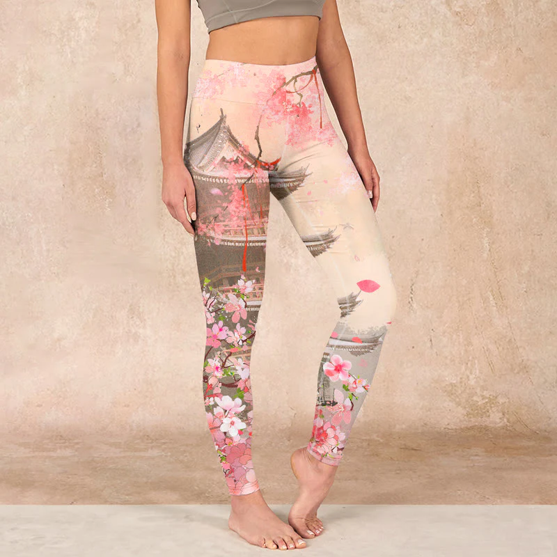 Mocoer Pink Sakura Antique Building Print Fitness Leggings Women's Yoga Pants - Mocoer