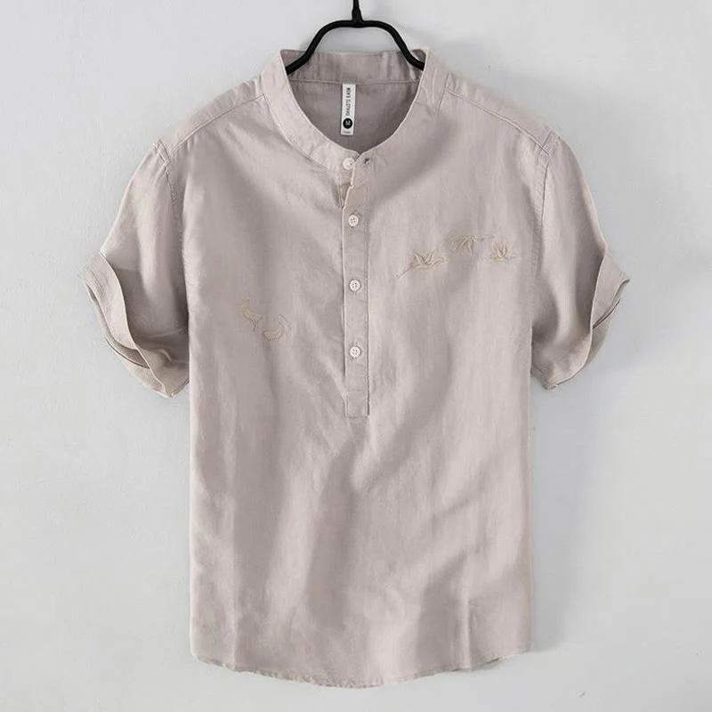 Mocoer Soft Embroidery Crane Pattern Stand Collar Cotton Linen Half Button Men's Shirt - Mocoer