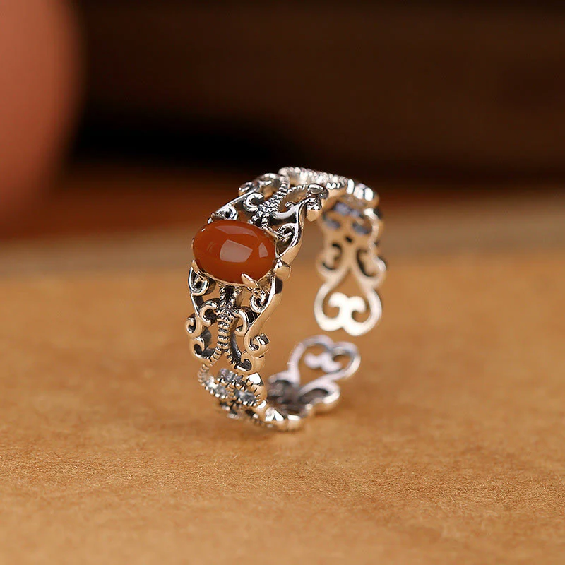 Mocoer 925 Sterling Silver Vintage Red Agate Self-acceptance Calm Ring - Mocoer