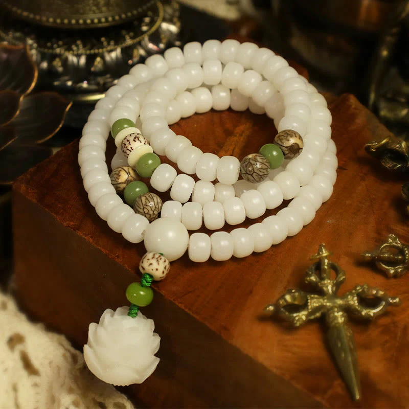 Mocoer White Jade Bodhi Lotus Mala Harmony Necklace Bracelet - Mocoer