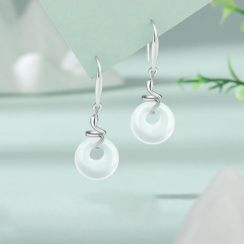 Mocoer 925 Sterling Silver Chalcedony Peace Buckle Year Of The Snake Harmony Earrings - Mocoer