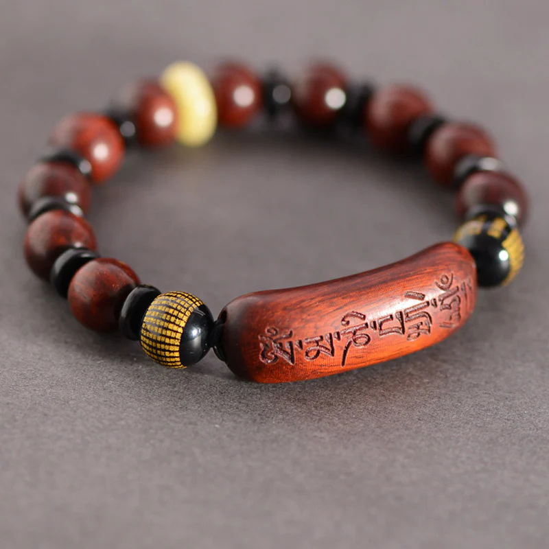 Mocoer Small Leaf Red Sandalwood Om Mani Padme Hum Engraved Protection Bracelet - Mocoer
