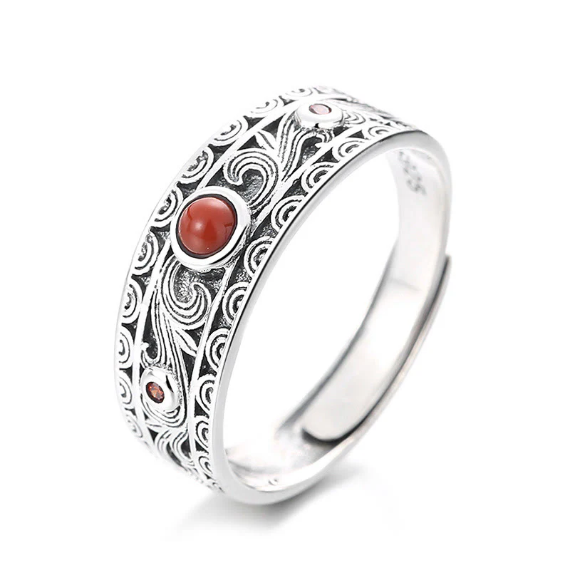 Mocoer 925 Sterling Silver Embedded Red Agate Auspicious Clouds Logical Thinking Ring - Mocoer