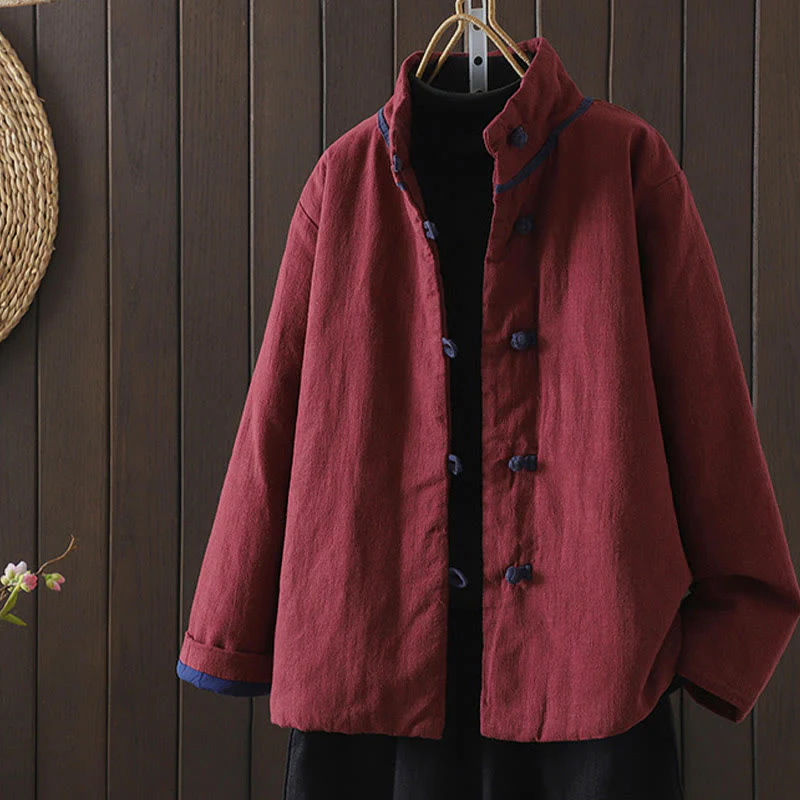 Mocoer Solid Color Casual Frog-button Turtleneck Cotton Linen Women's Jacket Shirts Clothing - Mocoer