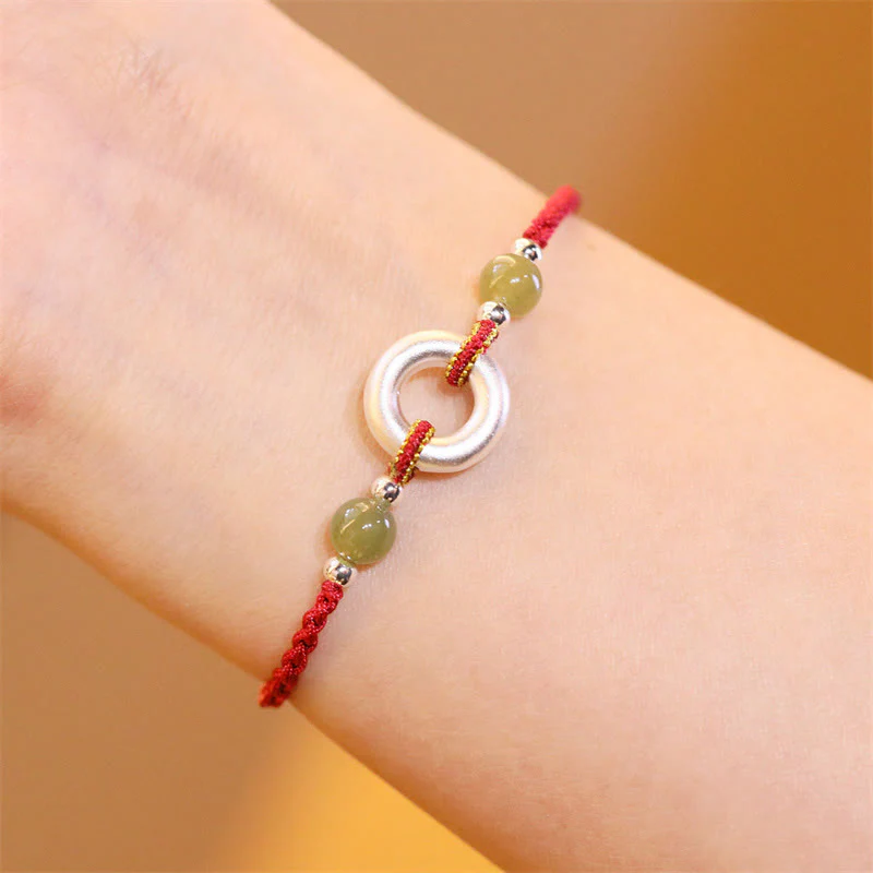 Mocoer 999 Sterling Silver Peace Buckle Hetian Jade Handmade Luck Red Rope Bracelet - Mocoer