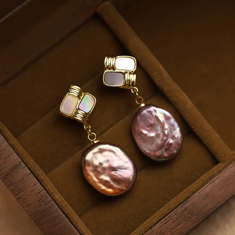 Mocoer 925 Sterling Silver Posts Copper Plated Gold Natural Baroque Pearl Healing Drop Earrings - Mocoer