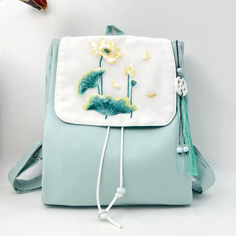 Mocoer Handmade Blue Lotus Embroidered Large Capacity Canvas Backpack - Mocoer