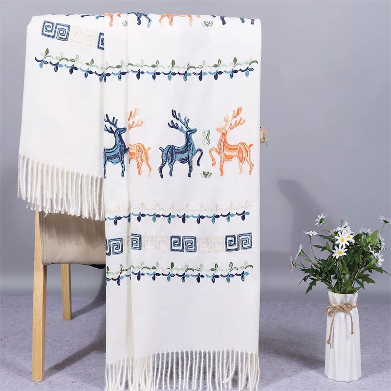 Mocoer Rayon Fabric Shawl Sika Deer Embroidery Tassel Winter Cozy Travel Scarf Wrap - Mocoer