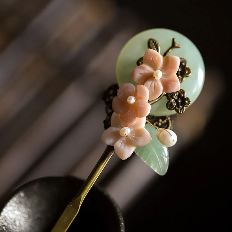 Mocoer Copper Jade Shell Flower Leaves Luck Hairpin - Mocoer