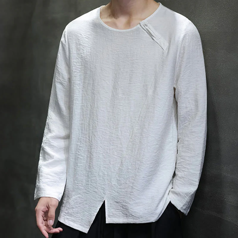 Mocoer Solid Color Loose Long Sleeve Round Neck Cotton Men's Shirts - Mocoer