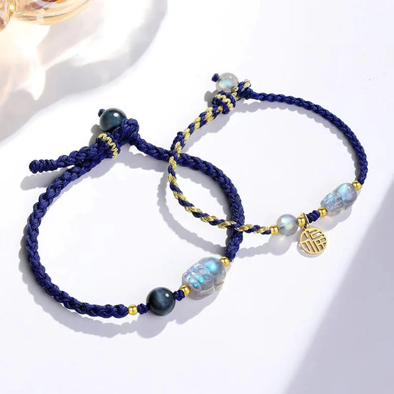 Mocoer Moonstone PiXiu Blue Tiger Eye Fu Character Healing Couple String Bracelet - Mocoer