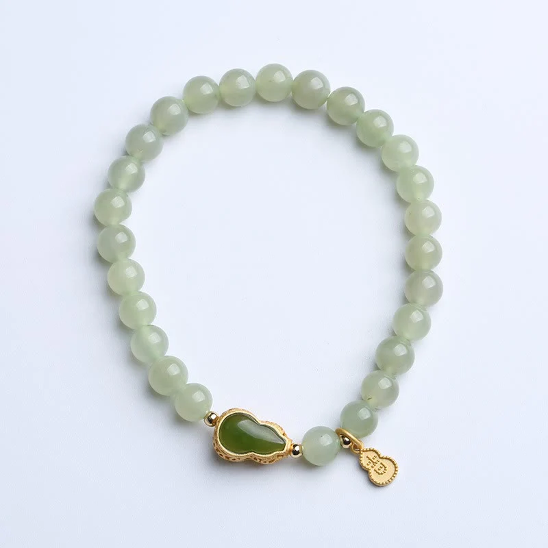 Mocoer 925 Sterling Silver Plated Gold Natural Hetian Jade Bead Gourd Lotus Bamboo Fu Character Luck Bracelet - Mocoer