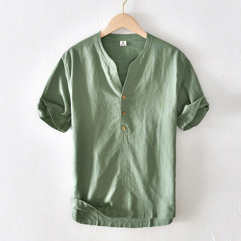 Mocoer Summer Stand Collar Short Sleeve Cotton Linen Half Button Men's Shirt - Mocoer