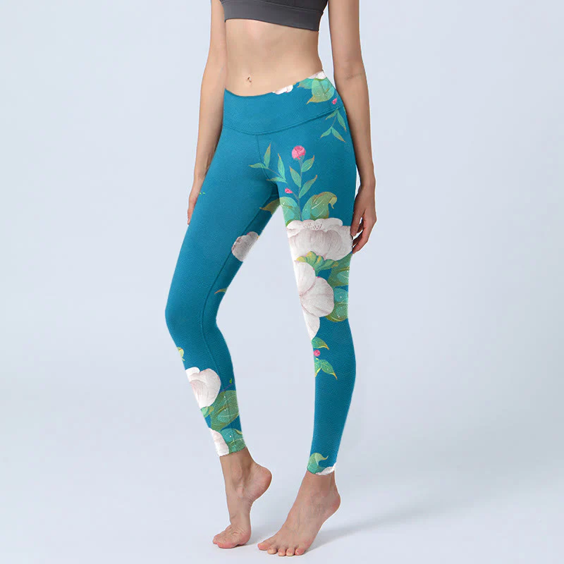 Mocoer Blue White Flowers Leaves Print Sports Leggings Women's Yoga Pants - Mocoer