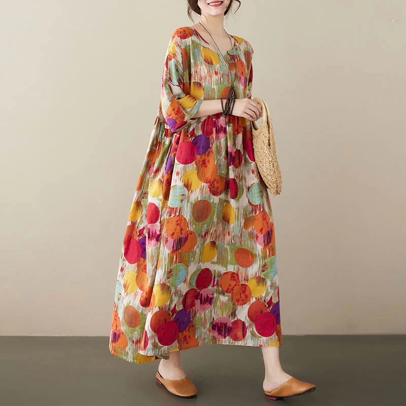 Mocoer Orange Green Colorful Polka Dots Midi Dress Cotton Half Sleeve Tunic Dress With Pockets - Mocoer