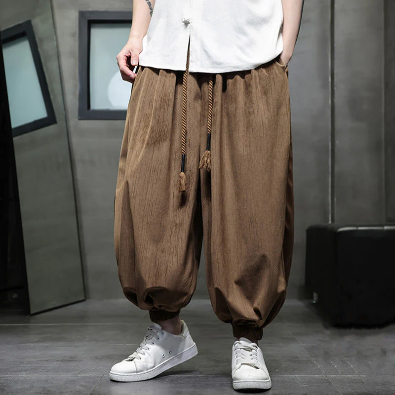Mocoer Solid Color Corduroy Drawstring Thermal Men's Harem Pants With Pockets - Mocoer