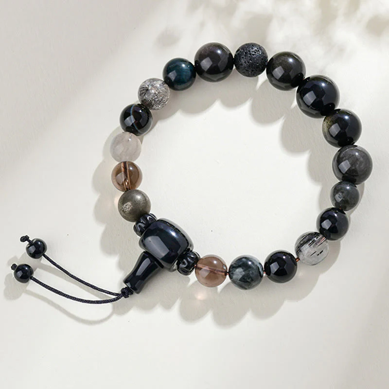 Mocoer Five Elements Various Crystal Black Obsidian Wealth Wisdom Bracelet - Mocoer