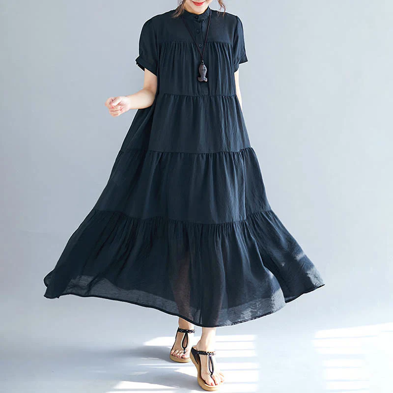 Mocoer Solid Color Button Front Short Sleeve Ruffled Hem Midi Dress - Mocoer