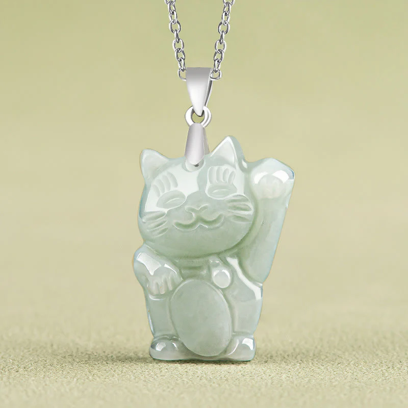 Mocoer 925 Sterling Silver Jade Fortune Cat Prosperity Necklace Pendant - Mocoer