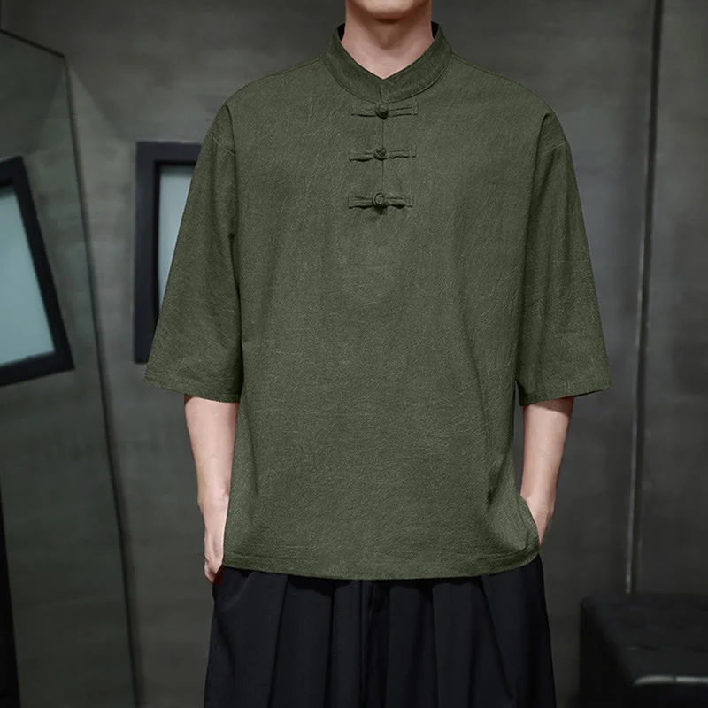 Mocoer Men's Chinese Frog-Button Tang Suit Half Sleeve Cotton Linen Shirt - Mocoer