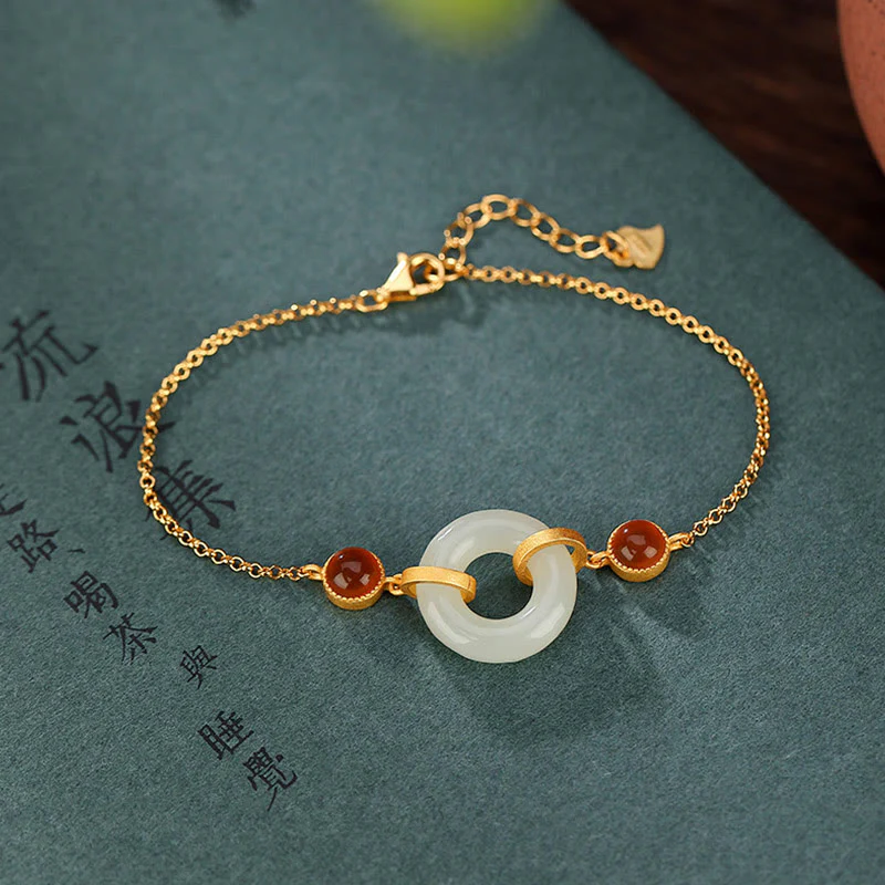 Mocoer 925 Sterling Silver Plated Gold Natural Hetian Jade Peace Buckle Red Agate Luck Bracelet - Mocoer