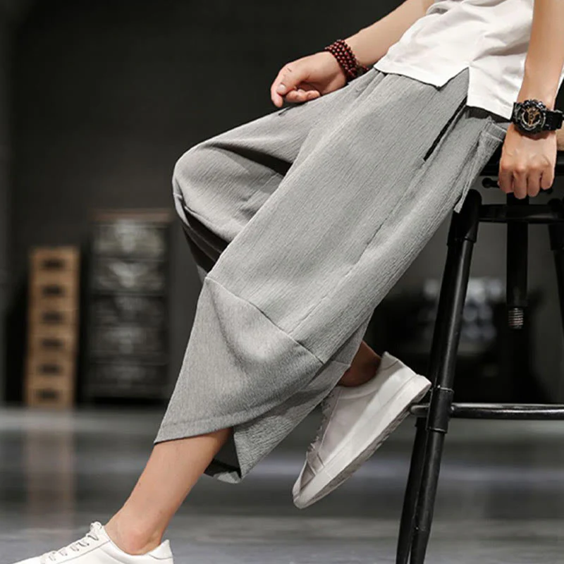 Mocoer Summer Solid Men's Cotton Linen Cropped Pants With Pockets - Mocoer