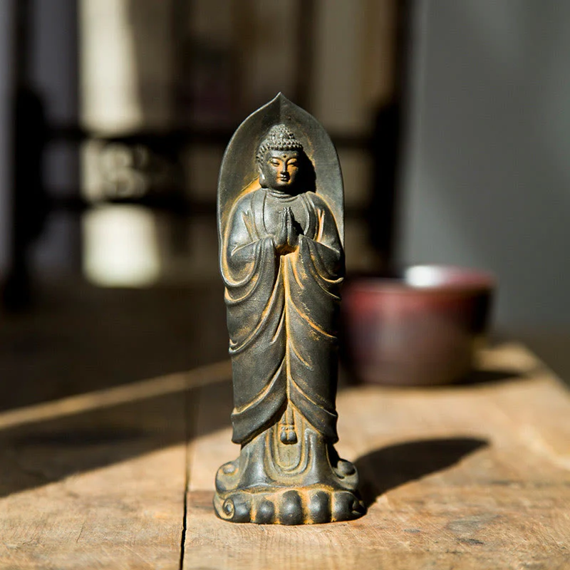 Mocoer Handmade Sakyamuni Buddha Namaste Iron Powder Rust Cast Resin Statue Decoration - Mocoer