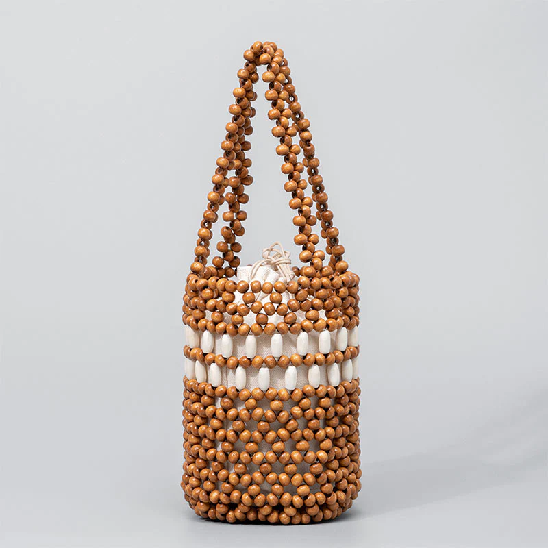 Mocoer Hand-woven Bucket Portable Wooden Beads Handbag - Mocoer