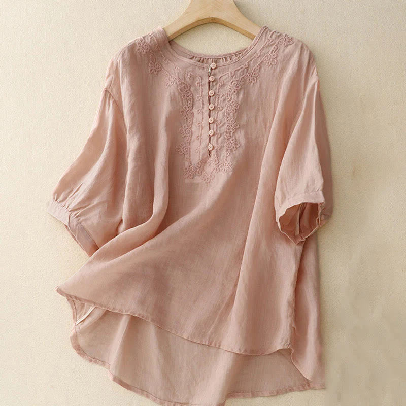 Mocoer Casual Women's Plain Frog Buckle Design Half Sleeve Cotton Linen Shirt - Mocoer