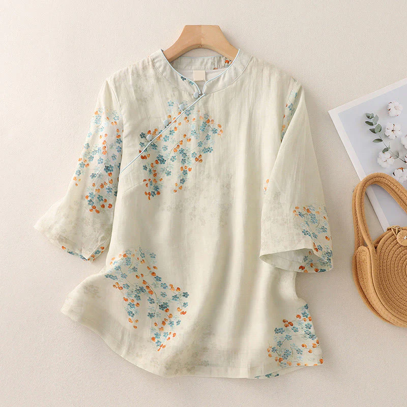 Mocoer Blue Flowers Orange Leaves Frog-Button Three Quarter Sleeve Cotton Linen Shirt - Mocoer