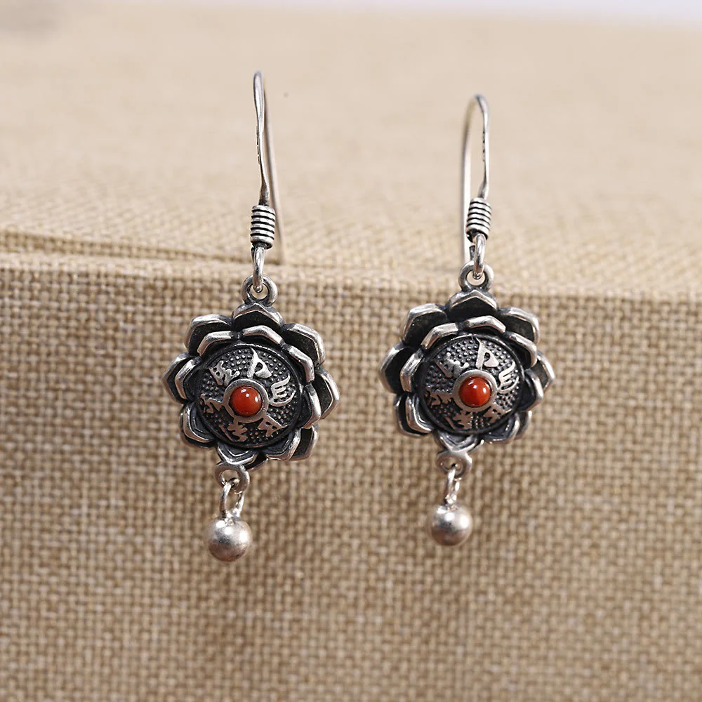 Mocoer 925 Sterling Silver Om Mani Padme Hum Lotus Peace Necklace Pendant Earrings - Mocoer