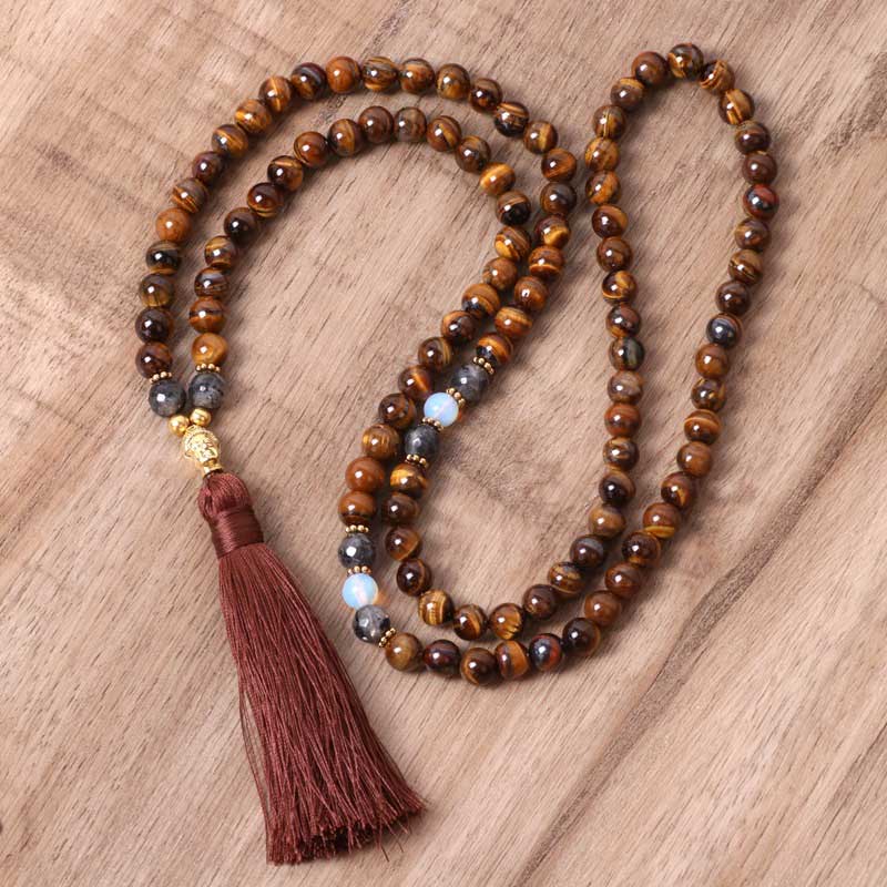 Mocoer Tibetan Tiger Eye Buddha Strength Power Beaded Tassel Pendant Necklace - Mocoer