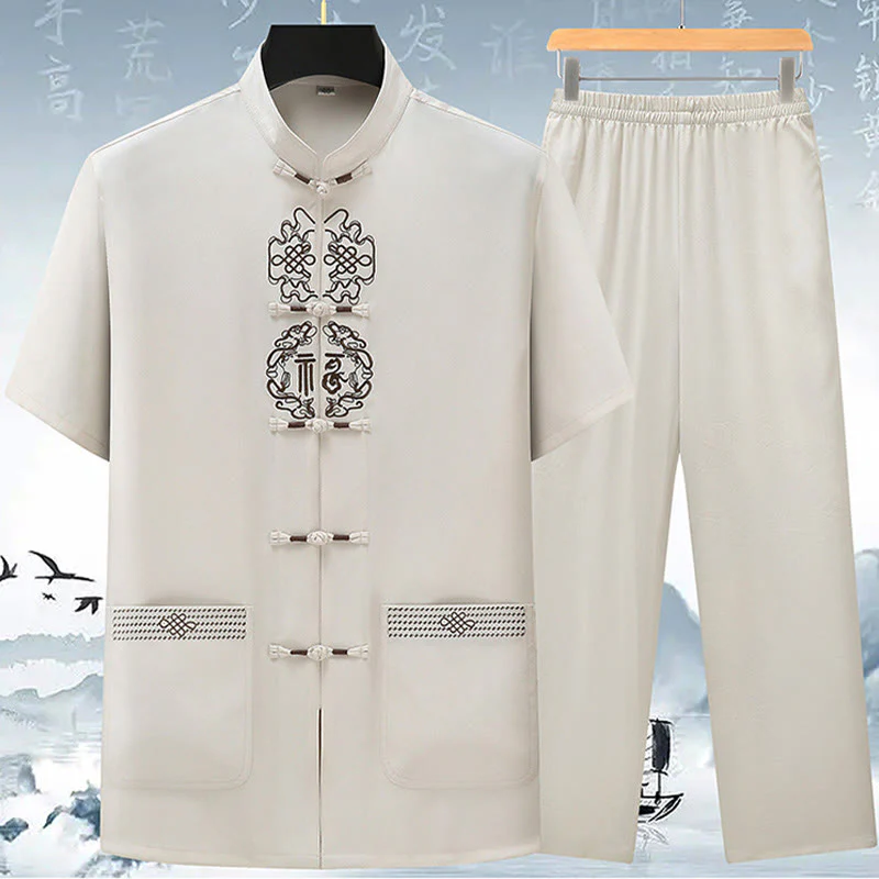 Mocoer Fu Character Chinese Knotting Embroidery Tang Suit Traditional Short Sleeve Top Pants Clothing Men's Set - Mocoer