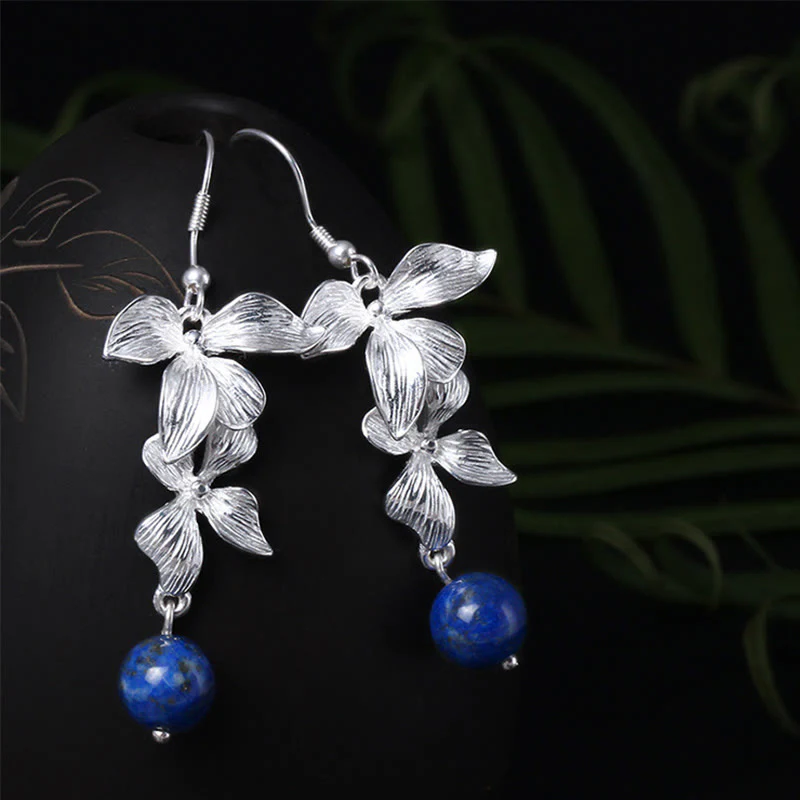 Mocoer 925 Sterling Silver Lazurite Ethnic Style Flower Positive Drop Earrings - Mocoer