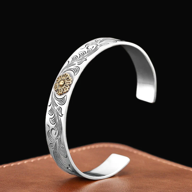 Mocoer Tang Dynasty Flower Design Rose Flower Feather Carved Copper Luck Bracelet Bangle - Mocoer