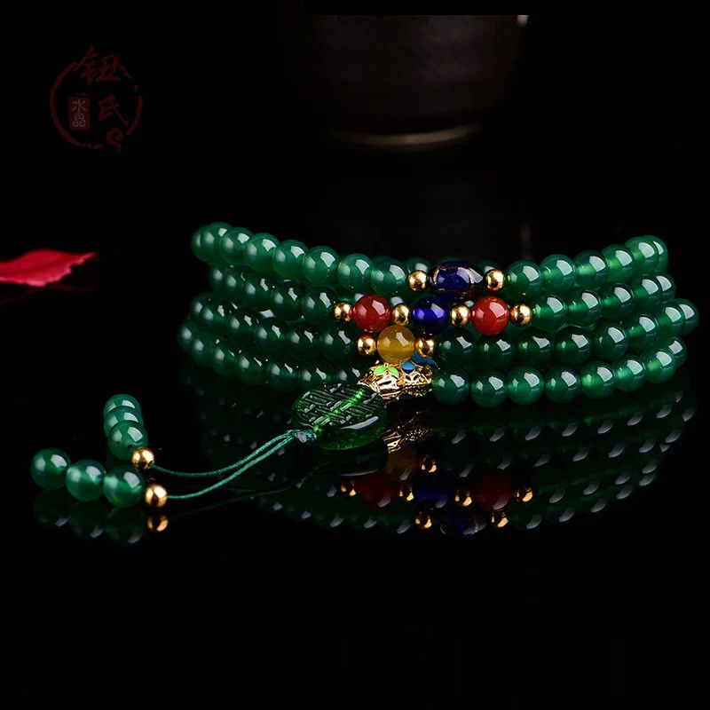 Mocoer 108 Mala Beads Natural Green Agate Power Support Bracelet - Mocoer
