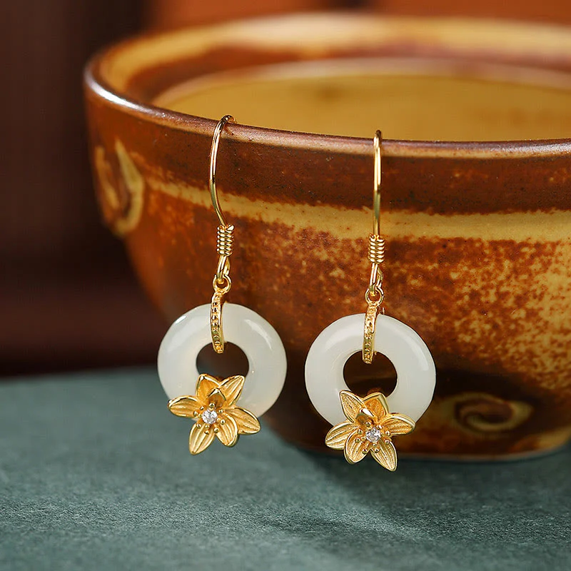 Mocoer 925 Sterling Silver Hetian Jade Peace Buckle Orchid Prosperity Earrings - Mocoer