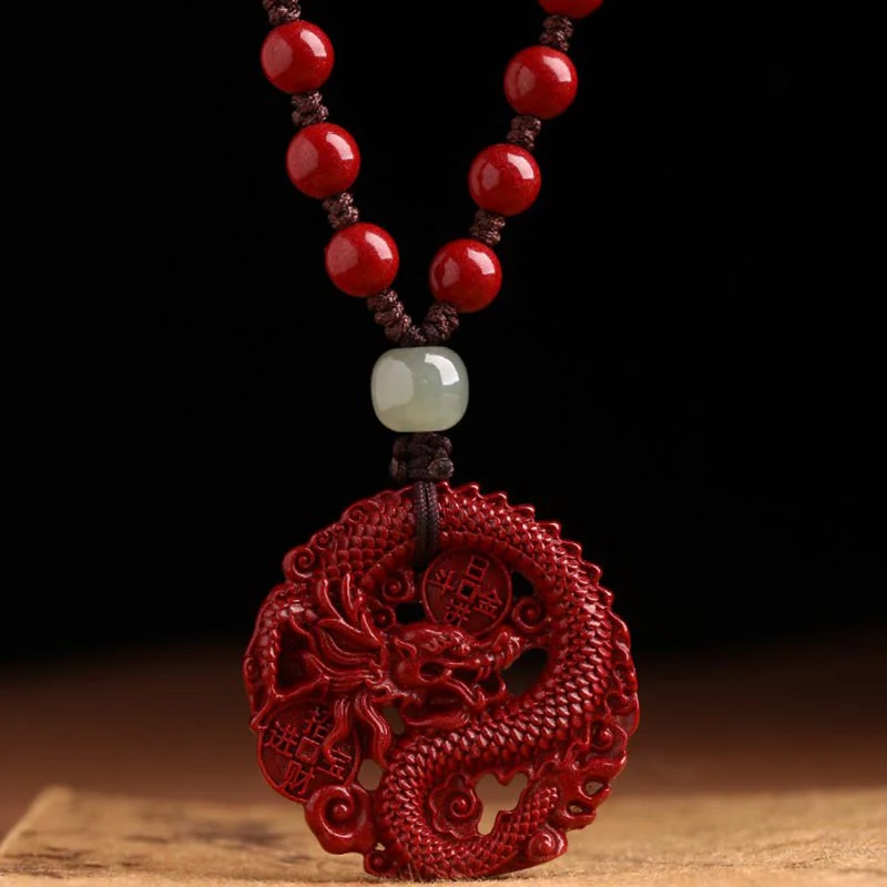 Mocoer Year Of The Dragon Natural Cinnabar Hetian Jade Bead Copper Coin Attract Wealth Strength Necklace Pendant - Mocoer