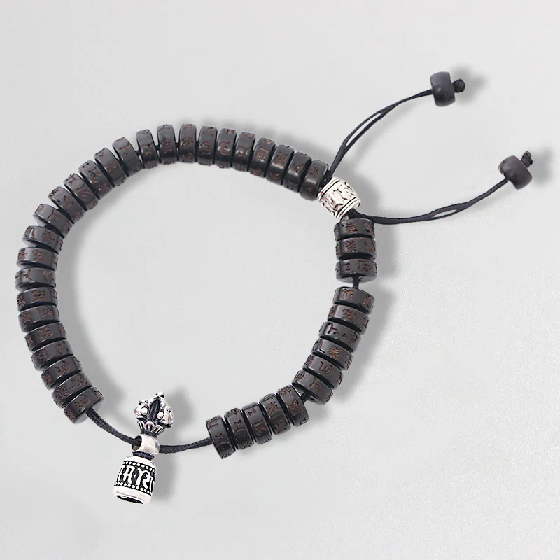 Mocoer Tibet Coconut Shell Carved Om Mani Padme Hum Dorje Vajra Bell Happiness String Bracelet - Mocoer